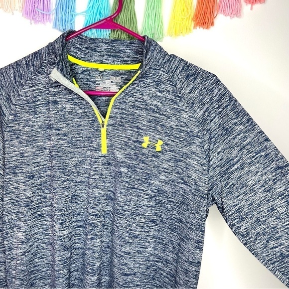 Under Armour Cold Gear Gray Navy Lime Chartreuse Long Sleeve Athletic Top Medium - Picture 4 of 13